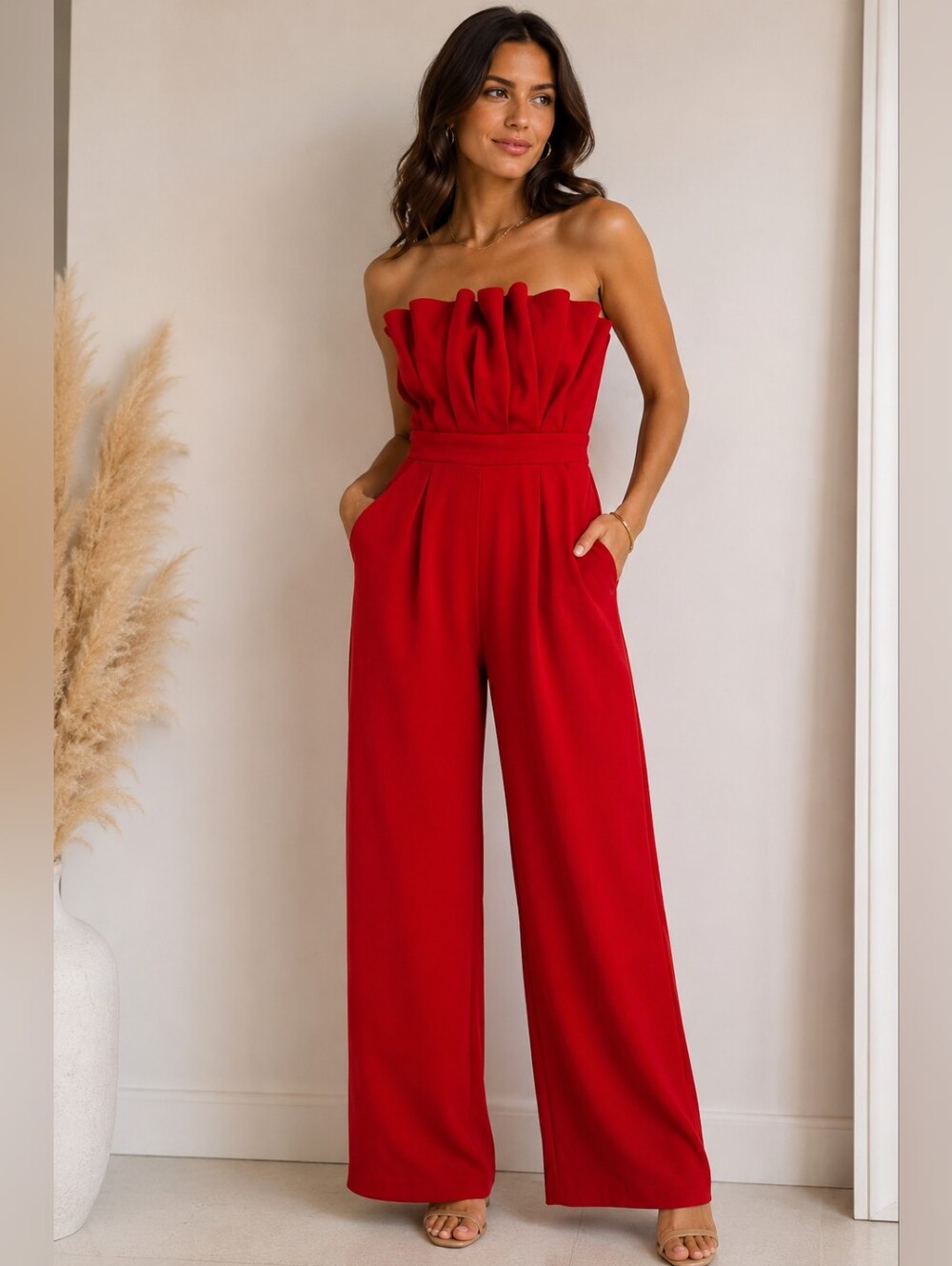 Versona Red Strapless Wide Leg Jumpsuit XS Elegant Pleated Bodice Pockets